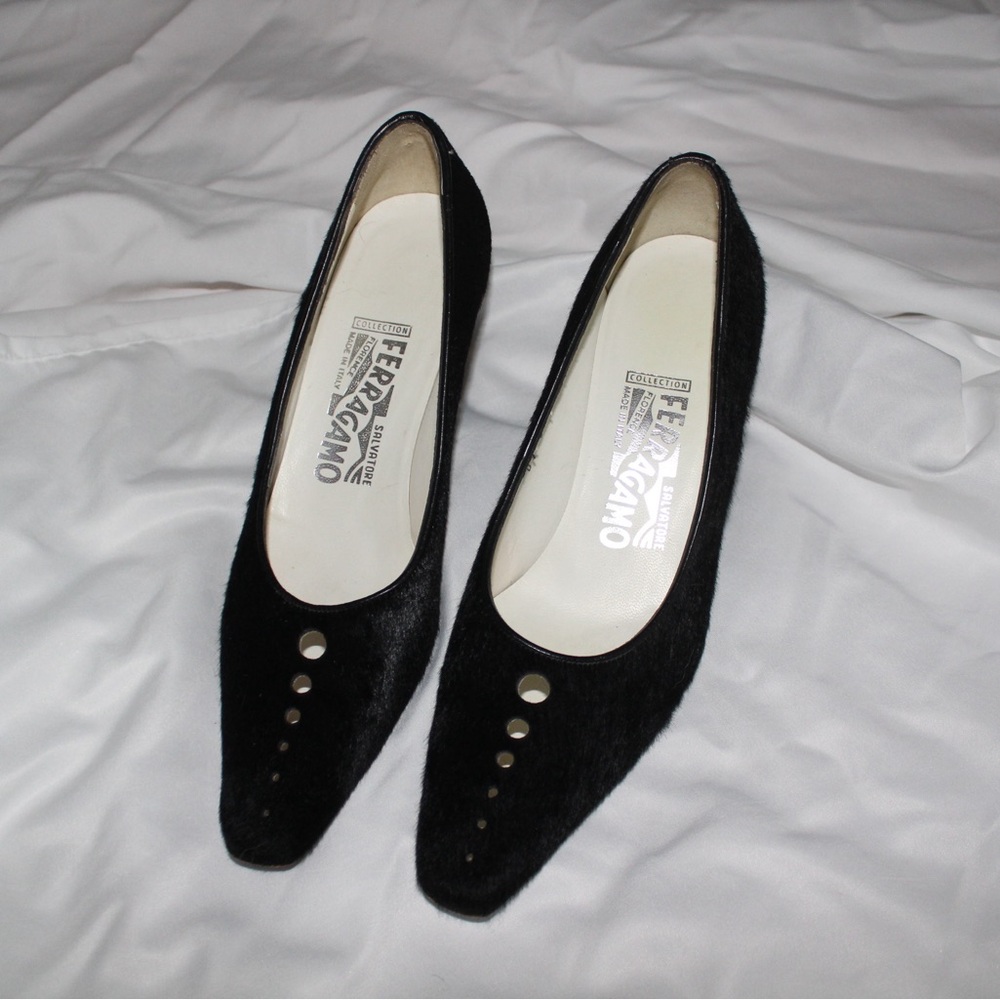 Salvatore Ferragamo Black Leather Pony Hair Pointed Toe Kitten Heel Pump W Sz 7